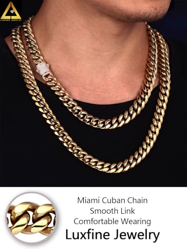 10/12mm Miami Cuban Link Chain 14K REAL Gold Plated Premium Stainless Steel Necklace Hypoallergenic Hip Hop Jewelry for Men Women Christmas Father Day Birthday Gift (Double-sided Iced Out Clasp, with Box & Pouch)4