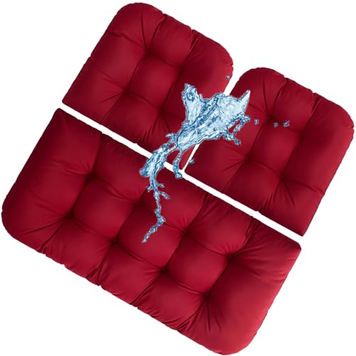 3 Piece Set Wicker waterproof Chair Cushions Outdoor/Indoor Thicke Patio Chair Loveseat Cushion Porch Swing Cushion & 1 Loveseat bench cushion 43”x20”& 2 U-Shape Chairs Cushion 19”x19”& liquor red