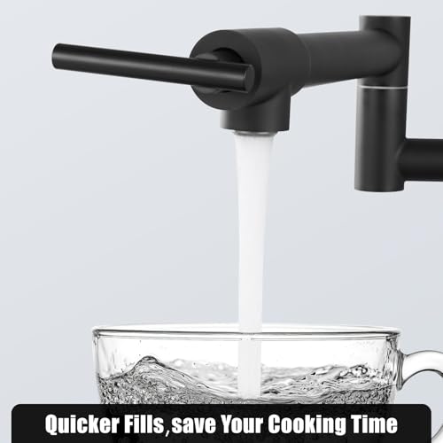 Image of Pot Filler Faucet Wall Mounted Folding Stretchable Kitchen Sink Water Tap with Double Joint Swing Arm Single Hole Two Handles Restaurant Kitchen Faucets, Matte Black, T-Shape Handle