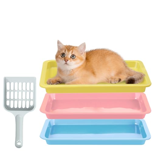 3 Pcs Kitten Litter Box with 1 Scoop,9.6' Small Litter Pan Low Entry Waterproof Bunny Plastic...