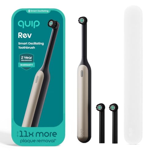 Quip Rev Smart Oscillating Toothbrush - Timed Electric Toothbrush with Case - 11x More Plaque Removal - 4 Intensities - 30-Day Battery Life Charge - Black Crescent