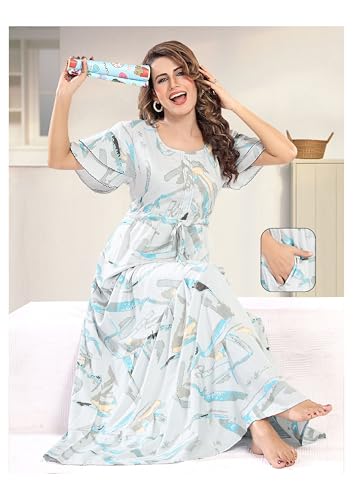 Image of NIGHT SHADES | Alpine Frock Style Designer Nighty |Women's Abstract Print Maxi Dress | Ruffle Sleeve |Cotton Blend| Women Nighty | Nighty for Women | Gown |