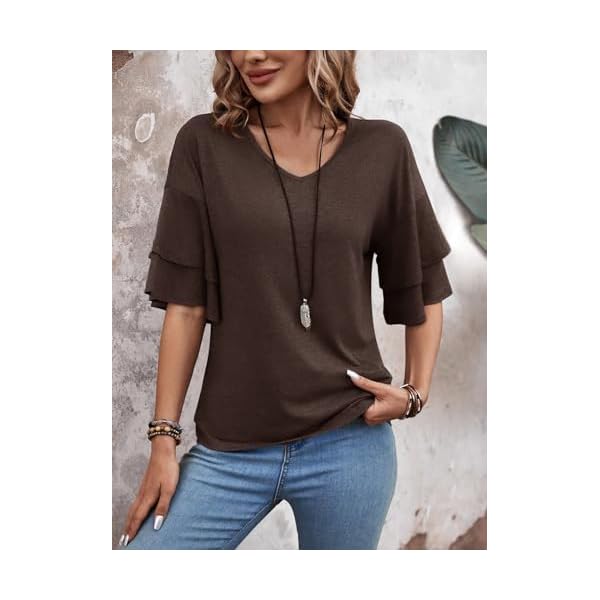 Womens Top Ruffle Sleeve Blouses V Neck T Shirts Casual Outfit Bell Sleeve Tee Spring Fall Summer Fashion Clothes Cute Tunic - Image 6