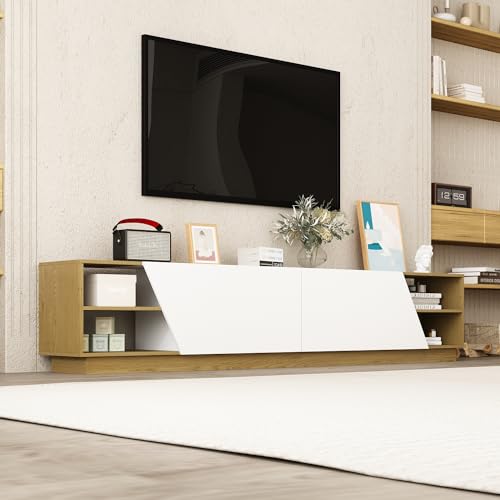 ECACAD 94" Modern TV Stand for TVs up to 80", Two-Tone Entertainment Center Media Console TV Table with Bevelled Doors, Cord Management, Open Shelves and Hidden Compartments, Brown and White