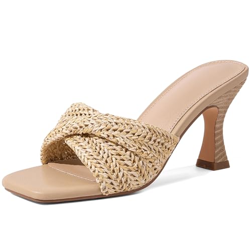 Marc Ford Raffia Heeled Sandals for Women Stiletto Kitten Mule Heels Open Square Toe Braided Woven Backless Slip On Vacation Resort Wear Size 8