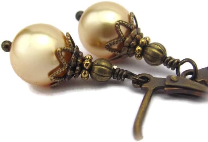 Golden Crystal Simulated Pearl Earrings Wedding Bridesmaid Dangle Steampunk Neo Victorian with Crystals from Swarovski