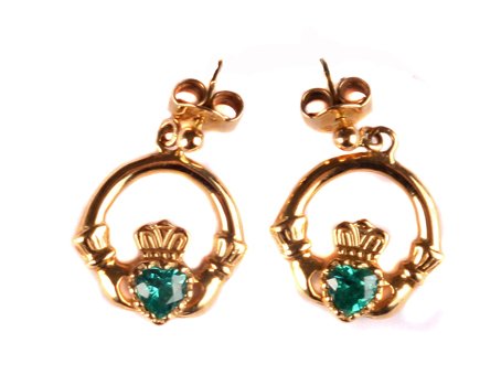 Boucles d'oreilles Claddagh or jaune 9 carats zircone vert émeraude