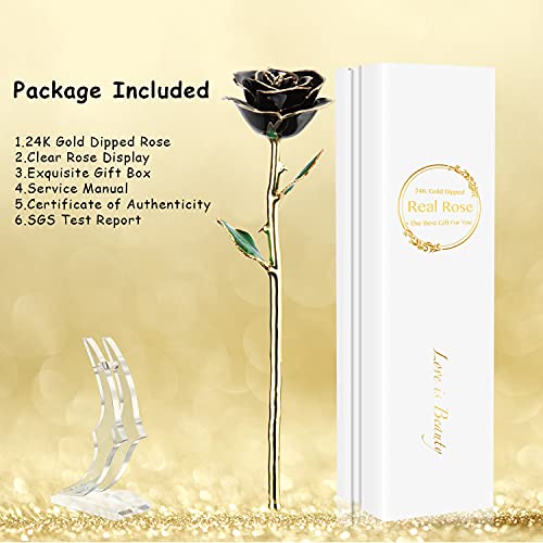 Image of Gold Real Rose, Gold Dipped Rose Made from Real Rose Best Gifts for her and Great Gifts for Girlfriend, Black with Stand