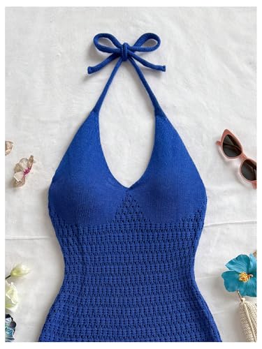 Image of GORGLITTER Women's Vacation Outfit Crochet Halter Knit Bubble Mini Dress Sexy Beach Cruise Summer Miami Resort Outfits