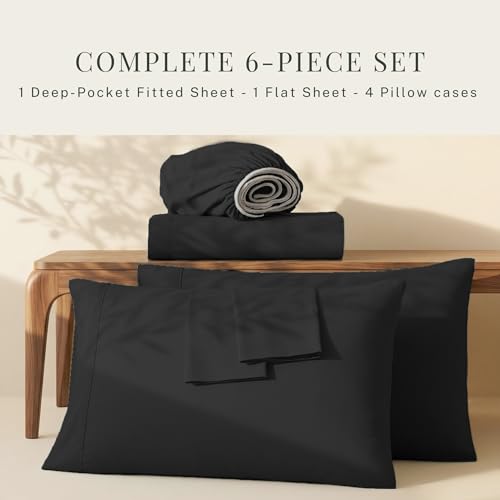 Image of Hearth & Harbor Extra Deep Pocket Sheets - Fits Mattress 18-24 Inches Deep - Extra Deep Pocket Full Size Sets - 6 Piece Full Size - Full - Black