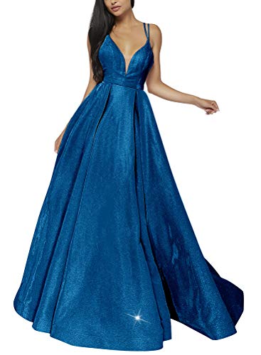 Image of V-Neck Prom Dresses for Women 2025 with Slit A Line Spaghetti Strap Sparkly Formal Party Evening Gown with Pockets,Acid Blue,US02