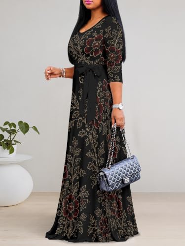 Image of PinkPatty Women's Plus Size Maxi Dresses Casual Flowy 3 /4 Sleeves Dress Printed Vacation Dress for Daily Wear with Belt