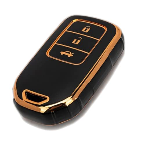 Image of TPU Car Key Cover Black & Golden Compatible for Honda City, Amaze, WR-V, Jazz, Civic, BR-V, CR-V (Honda, 3 Button Push Smart Key)