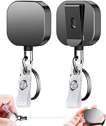 HOOMIL Badge Reel, 𝟮 𝐏𝐚𝐜𝐤 Heavy Duty Metal Retractable Badge Holder Keychain Key Holder with ID Card Holder, Belt Clip, Key Ring - Square