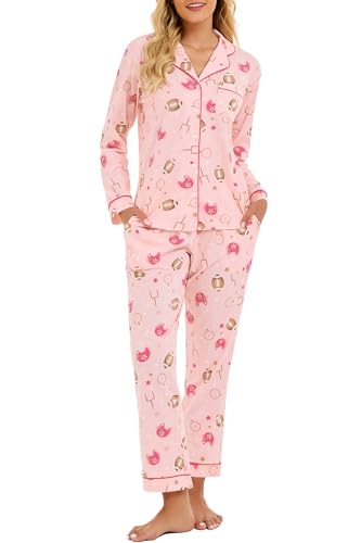 Image of LUBOT 100% Cotton Pajamas for Women Pajama Set 2 Piece PJ Sleepwear Set Soft Ladies Button Knit Long Sleeve Loungewear XS-XXL