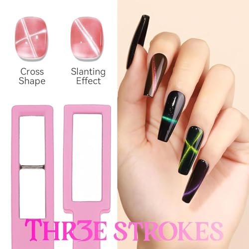 Image of THR3E STROKES 5 in 1 Magnet for Cat Eye Gel Nail Polish, Multifunctional Magnetic Nail Tool, Upgraded Cross Cat Eye Magnet for Nail Designs 3D Cateye Nail Gel Strong Nail Art Magnet Home Salon (PINK)