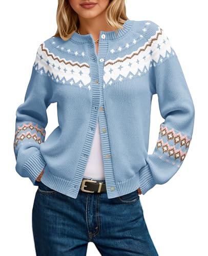 Saodimallsu Womens Fair Isle Sweater Button Up Long Sleeve Cardigans Crew Neck Open Front Knit Vintage Sweater Coats