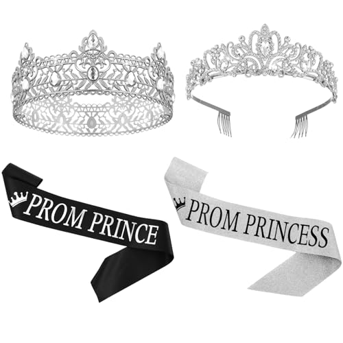 Lyrow 4 Pcs Prom King and Queen Crowns Set with Sashes King Crowns for Men Rhinestone Princess Crown Tiara for Women 80s Prom Party Gift for Graduation Wedding Birthday Costume(Crystal Style Silver)
