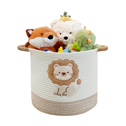 Image of Mzzelry Toy Storage Basket(12"x12"), blanket basket, Cotton Rope Woven Laundry Hamper with Cute Embroidered Lions for Nursery, Living Room, Laundry (Lion)
