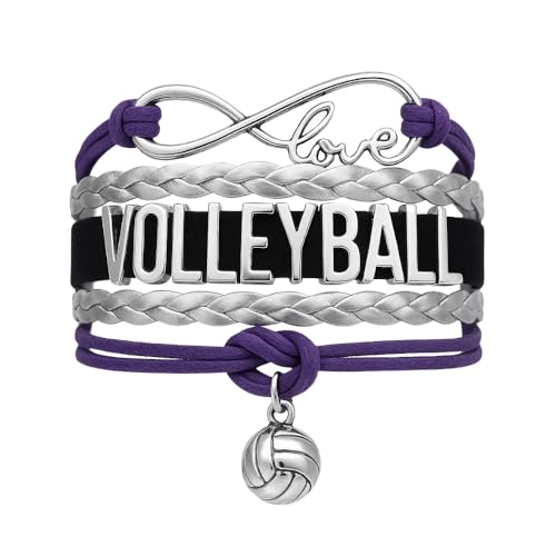 Volleyball Bracelet- Adjustable Charm Bracelet with Moveable Letters, Infinity Symbol & Silver Volleyball Charm by SportyBella (Purple)