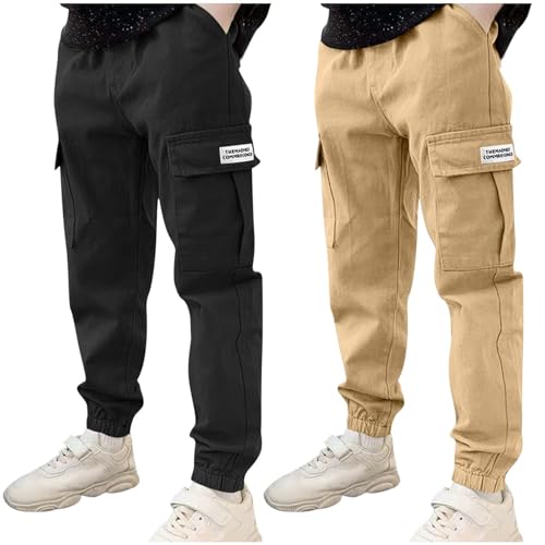 2 Pack Boys Cargo Pants Casual Elastic Waist Pull On Trousers with Multi Pockets Fashion School Pants for Boys 3-14Y