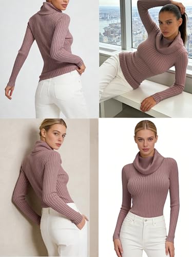 Image of v28 Women's Stretchable Cowl Neck Knit Long Sleeve Slim Fit Bodycon Sexy Sweater