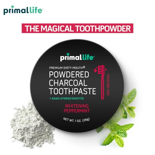 Image of Primal Life Organics - Dirty Mouth Toothpowder, Activated Charcoal Tooth Cleaning Powder, Essential Oils with Kaolin & Bentonite Clay, Good for 200+ Brushings, Organic, Vegan (Black Peppermint, 1 oz)