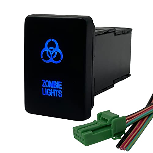 Image of Blue Led Zombie Lights Push Button Switch for Toyota Vehicle Toyota FJ Cruiser Prado Landcruiser RVA4 Highlander 3Amp 12V Led Illuminated ON-Off SPST Switch with Wiring Connector