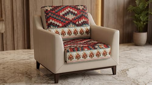 Image of KINGLY Sofa Cover 1 Seater Fully Covered | Stretchable Anti-Slip Slipcover | Washable Furniture Protector | Multicolor | Seat & Back | Set of 2Pc