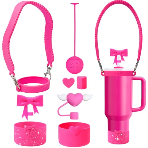 YAYAYOUNG 7 PCS Stanley Cup Silicone Accessories Set Including Water Bottle Handle Strap, Stanley Cup Boots,Silicone Straw Covers,Silicone Tea Strainer for StanleyCup 40oz & 30oz Tumbler-Rose