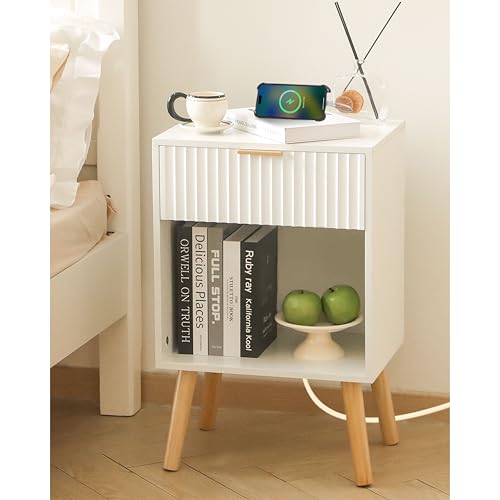 Image of Fultyle White Nightstand with Charging Station, Mid Century Modern Bedside Table with Drawers and Outlet, Side Tables Living Room, Wooden Night Stand for Bedroom, Office (White)