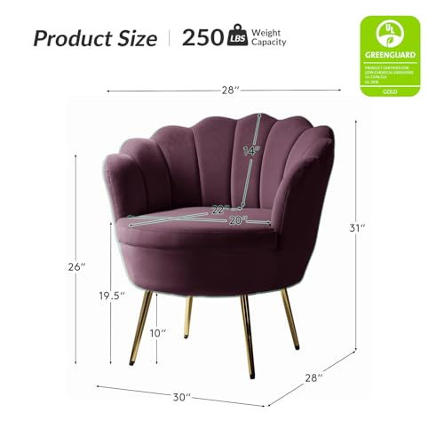 Image of HULALA HOME Modern Velvet Accent Chair with Shell Shaped Back, Cute Living Room Bedroom Armchair Sofa Chair with Gold Legs, Comfy Upholstered Vanity Chair for Makeup Room, Purple
