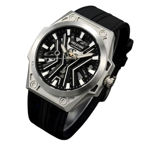 Image of Men's Automatic Mechanical Skeleton Watch, 48-Hour Power Reserve, Stainless Steel Case 47mm, Black Dial, Hardlex Glass, Luminous Hands, 5ATM Water Resistant, Silicone Strap