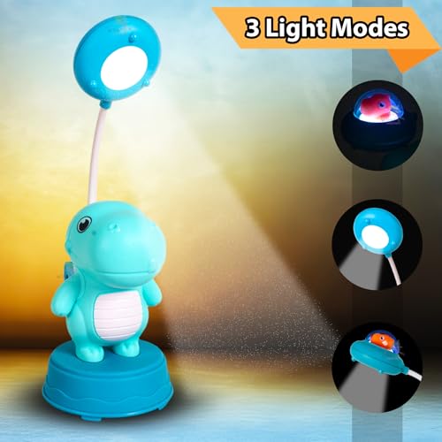 Image of WISHKEY 2-in-1 LED Desk Lamp with Pencil Sharpener, Dino Theme Study Desk Lamp with Base Stand, 3 Light Modes, Rechargeable, 360 Flexible Hose Table Lamp for Kids, Multicolor (Pack of 1)