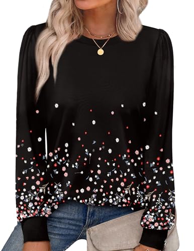 Alaroo Black Shirts Casual Flower Tops Womens Fall Fashion 2025 Basic Crewneck Sweatshirts Boho Clothes Trendy Print 9 M