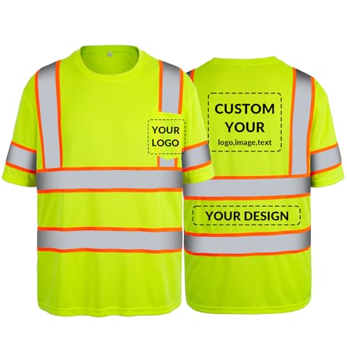 Custom Safety Shirts High Visibility Shirts Class 3 Hi Vis Reflective T-Shirts with Logo Safety Work Shirts for Men/Women Yellow Short Sleeve-(Medium,1Pack)