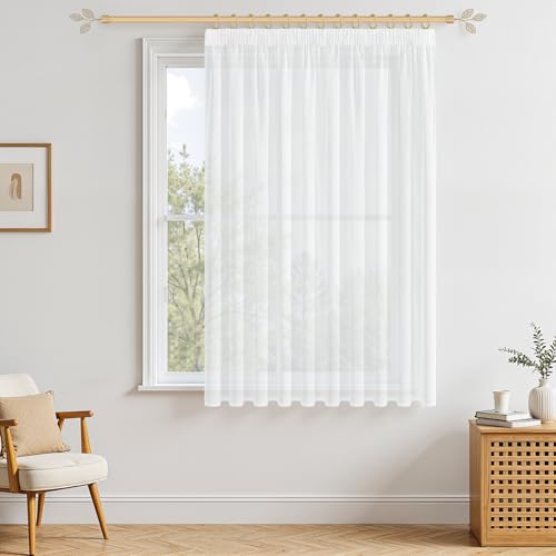 MRTREES Rideau Blanc avec Bande Fronce 100 cm de Long et 200 cm de Large, Rideau avec Bande Fronce pour Chambre, Salon, Rail, Blanc Semi-Transparent