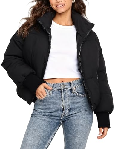 UANEO Puffer Jacket Womens Oversized Cropped Puffy Quilted Winter Jackets Coat (Black-S)
