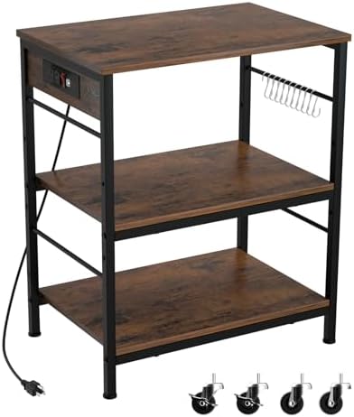 Bakers Rack with Power Outlet Kitchen Microwave Stand Cart 3 Tier Coffee Bar Table Kitchen Storage Shelf Rack with 10 S-Shaped Hooks for Living Room Dining Room Office Brown