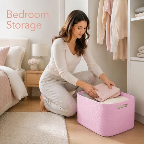 Image of Cotton Rope Laundry Basket Small, 12.8GAL Collapsible Woven Storage Baskets for Living Room Kids Toys Stuffed Animal,Boho Rectangular Decorative Short Hamper for Dirty Clothes, Blankets Light Pink