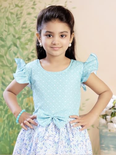 Image of Aarika Girls Casual Wear Firozi Colour Polka DotFloral Print Cotton Blend Frock