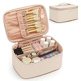 Travel Makeup Bag, Portable Cosmetic Bag with Makeup Brush Organiser Large Capacity Make up Case Water-Resistant Toiletry Bag for Women Travel Essentials, Cream