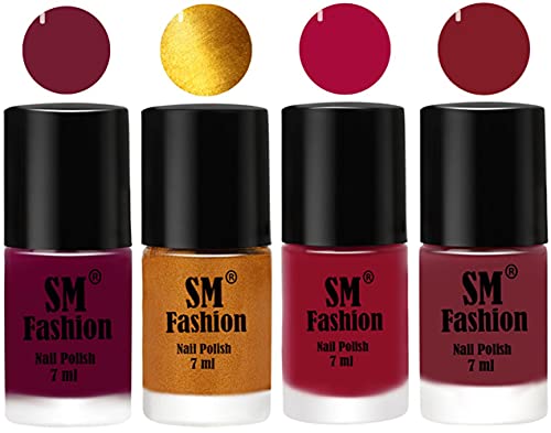Image of Nail Polish Combo Set (Pack of 4) Quick Dry Gel Finish Nail Paint | Mulberry,Golden,Raspberry,Lip | 7 ml Each