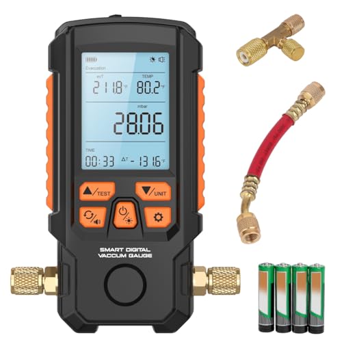 Digital Vacuum Gauge Tester HVAC 1/4 SAE HVAC Pressure Tester Meter Gauges 0.2% Accuracy & 0.01 Resolution Torr/mbar/inHg/Hpa 3 Backlit LCD Leak Test Alarm Auto Calibration & Temp Compensation