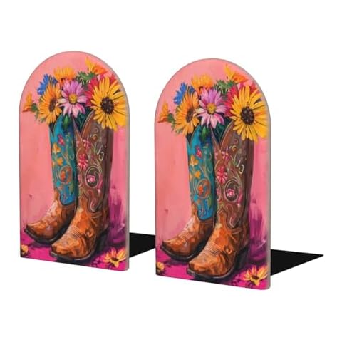 Mosytuky 2 Pcs Cowboy Boots with Flowers Print Bookend Office Book Ends for Home Office Library School Study Decoration Cover