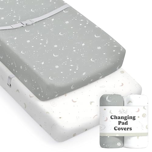 Image of Baby Changing Pad Cover 2-Pack for Boys, Girls (Galaxy, Moon and Stars) - Premium Fitted Sheets Baby Diaper Changing Table Cover - Buttery Soft Cotton Blend