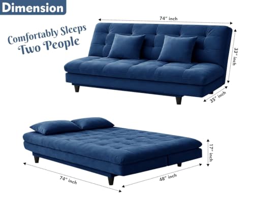 Image of Velvet Fabric Wooden 3-Seater Apsen Sofa Bed with Tufted Couch with Adjustable Backrest- Living Room Furniture-Blue-Color