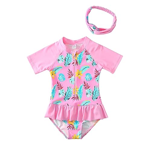 Image of Girls Swimsuit 3-10 Years UPF 50+ UV One Piece Swimwear with Hair Band