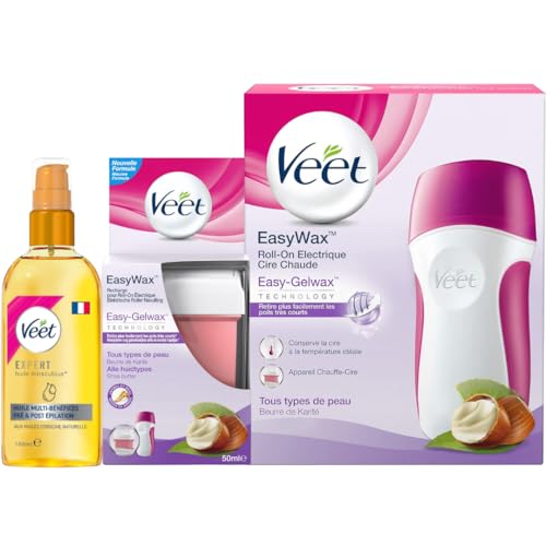 Veet - Kit Chauffe Cire Épilation avec 1 Kit Roll-On Veet, 1 Recharge EasyWax, 12 bandes de tissus et Huile après Épilation