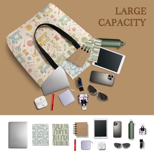 HEizmorixs Sewing Craft Tools Print Canvas Tote Bag Reusable Washable Foldable Grocery Handbag with Inner Pocket for Travel, Beach, Work, Casual Stylish Sewing Craft Tools Present for Women Friends - Image 7